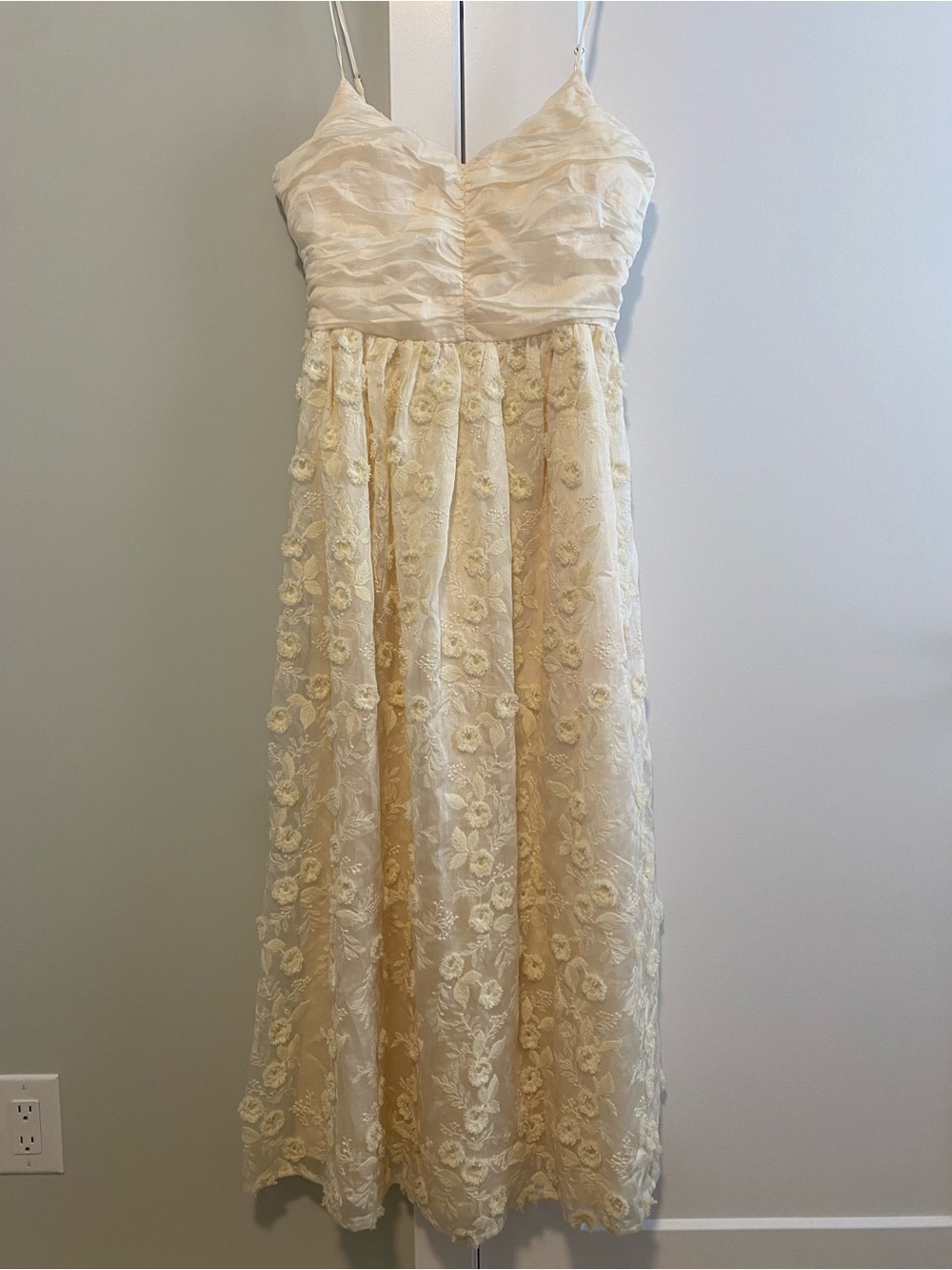 Storia Cream Satin & Sheer Spaghetti Strap Dress